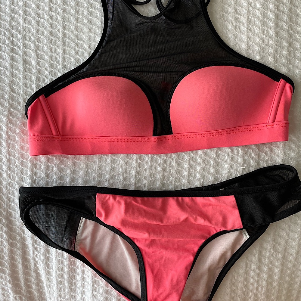 high neck VS mesh bikini